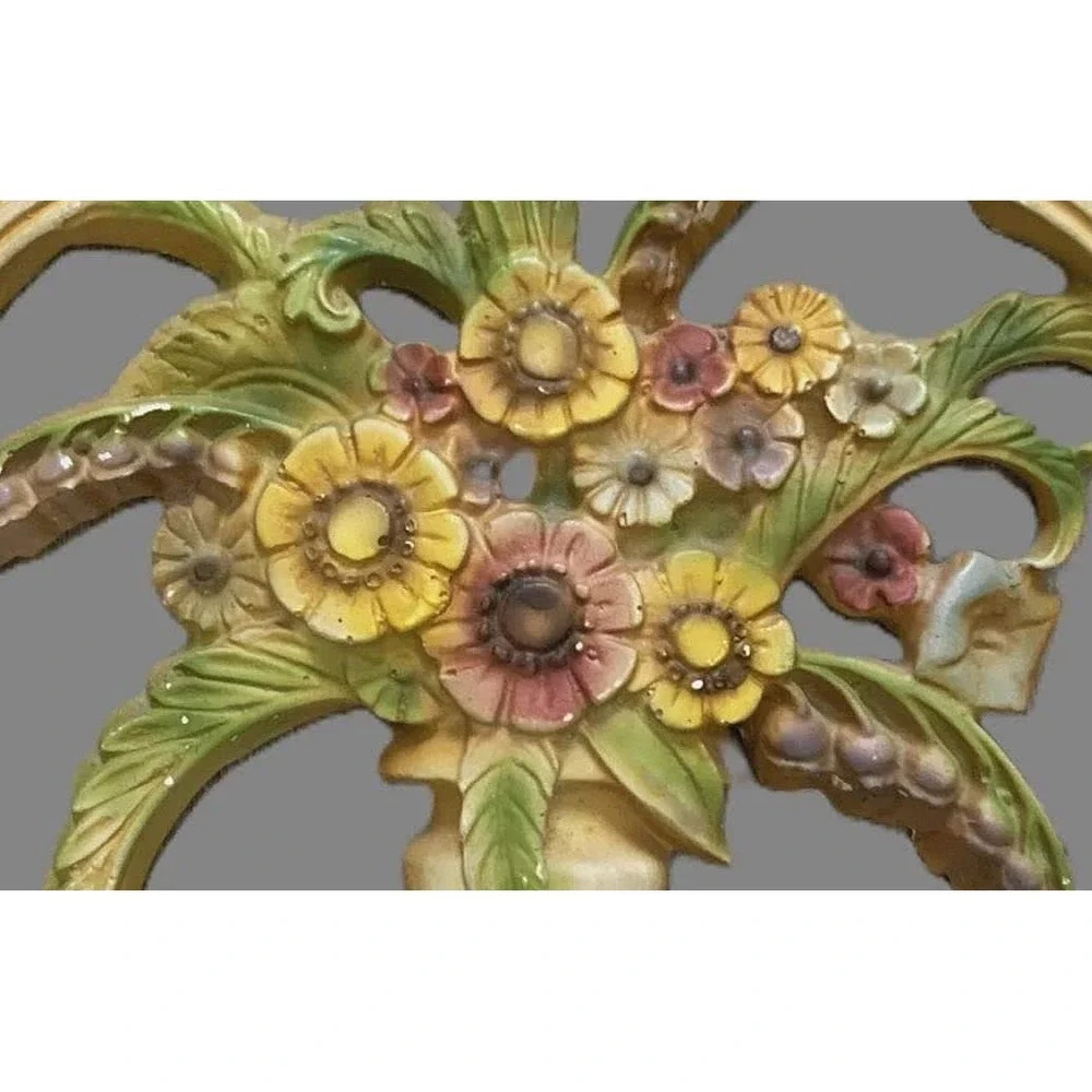 Vtg 1940s Victoriana Chalkware Antique Vase of Flowers Wall Art Plaque Charming!